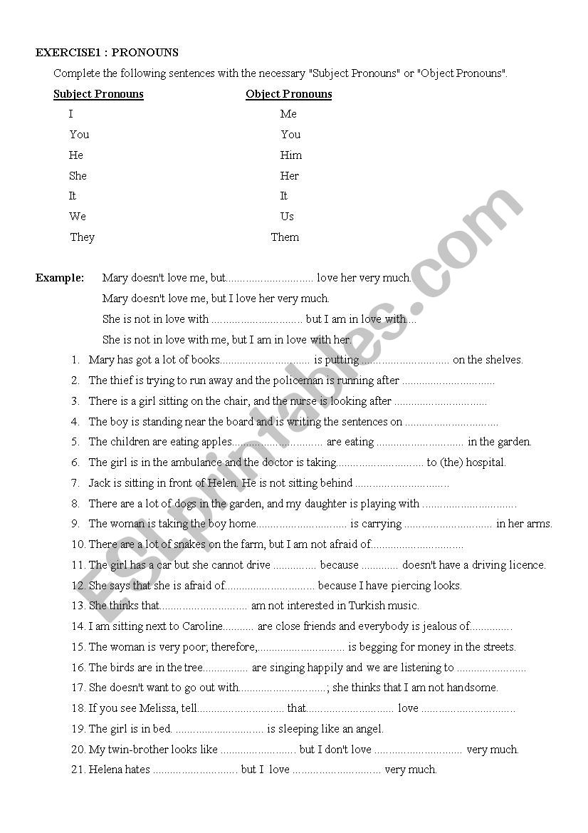 subject and object pronouns  worksheet