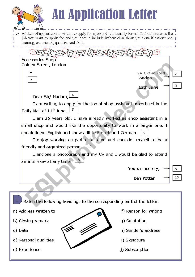 job application letter worksheet