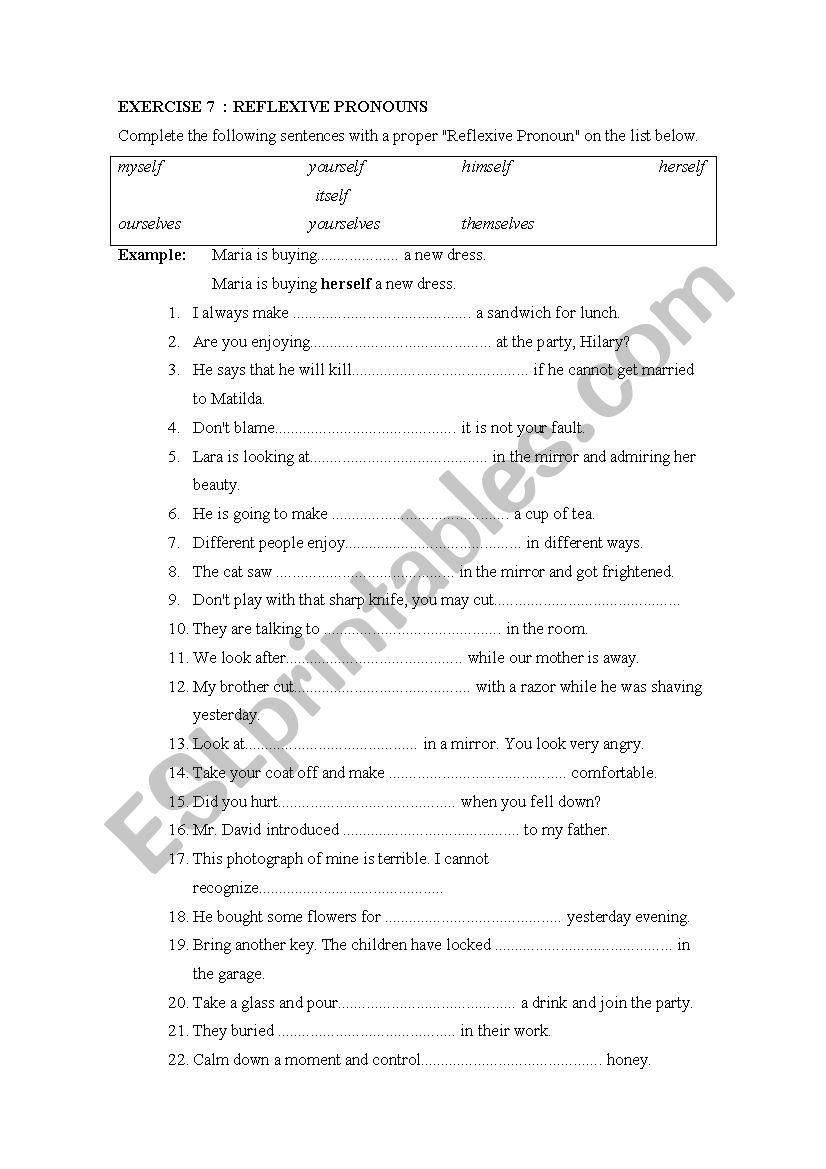 reflexive pronouns worksheet