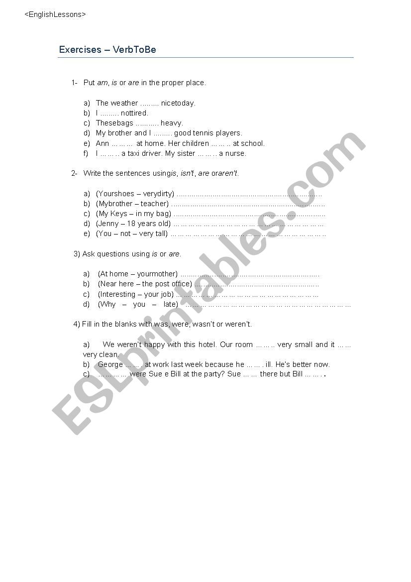 Verb To Be (Present) - Exercices