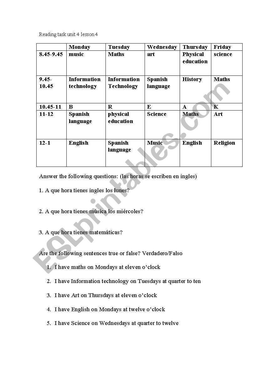 School timetable reading task worksheet