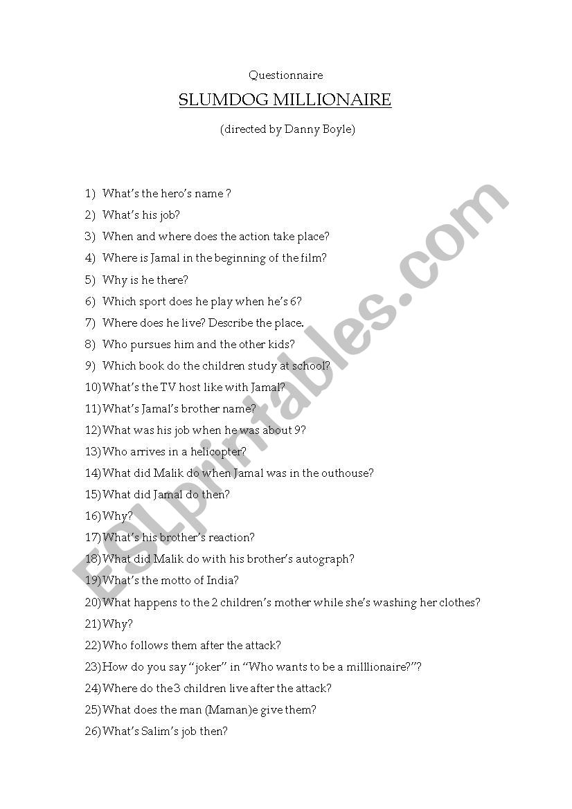 Slumdog Millionaire questionnaire