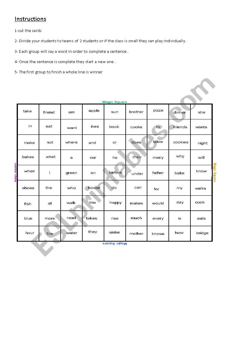 bingo game to check structure worksheet