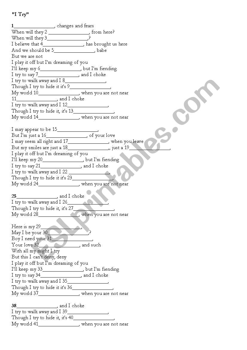 Listening comprehension gap filling task. A song by Macy Gray (I try