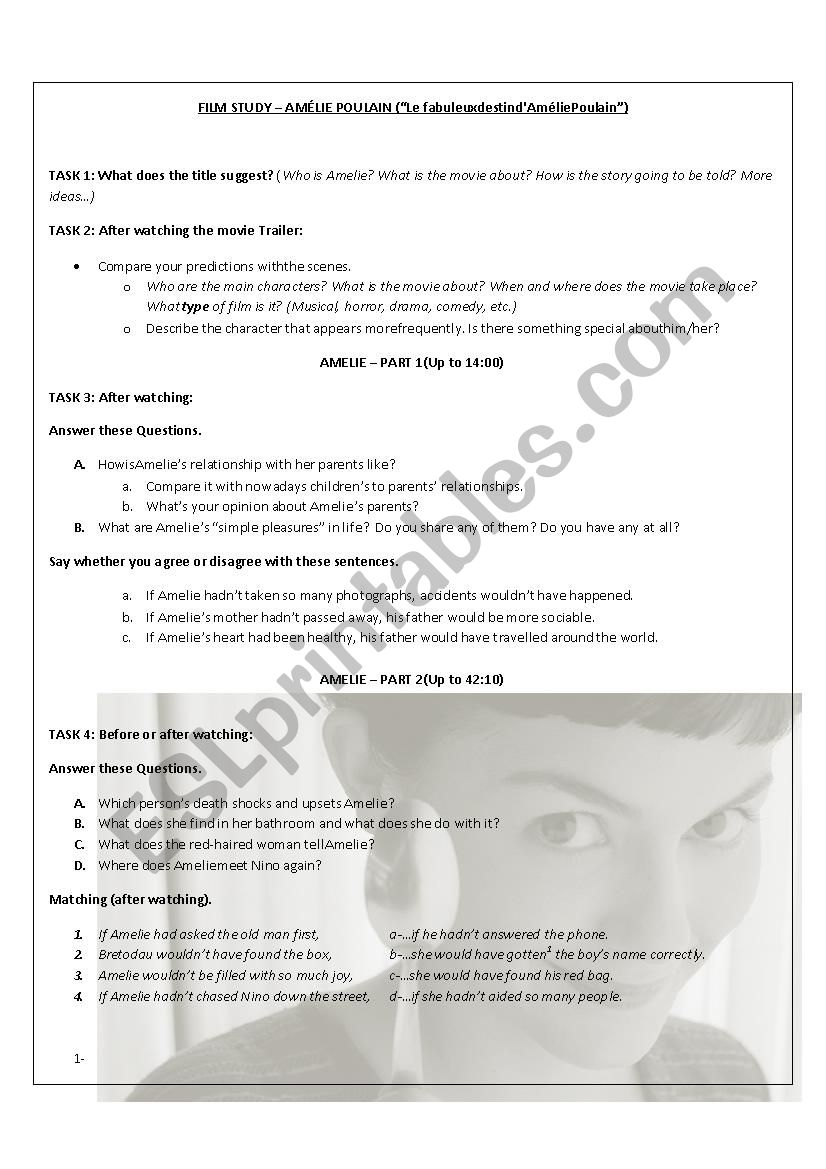 Amelie - Movie Worksheet worksheet