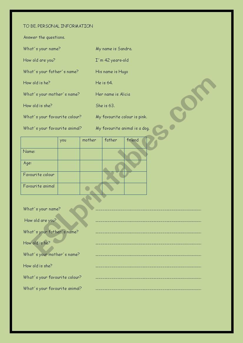 Personal information worksheet