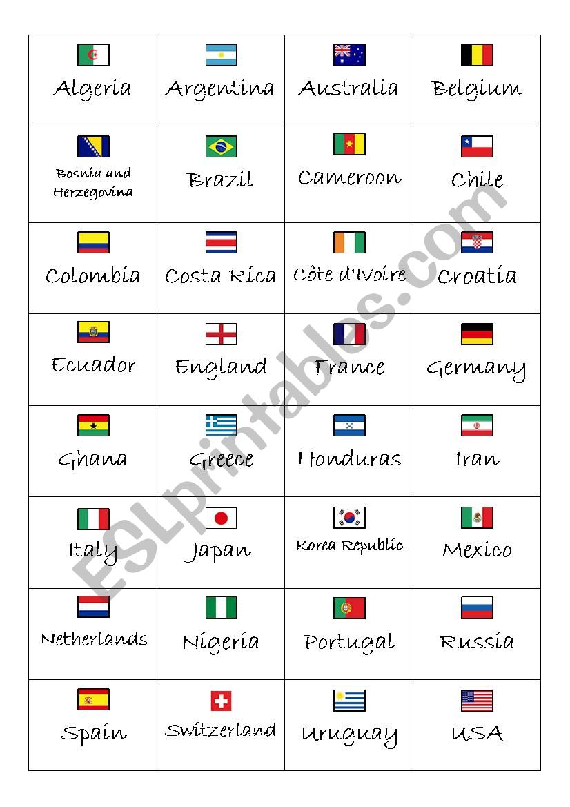 World Cup 2014 - Country/Nationality Flash Cards (front and back)