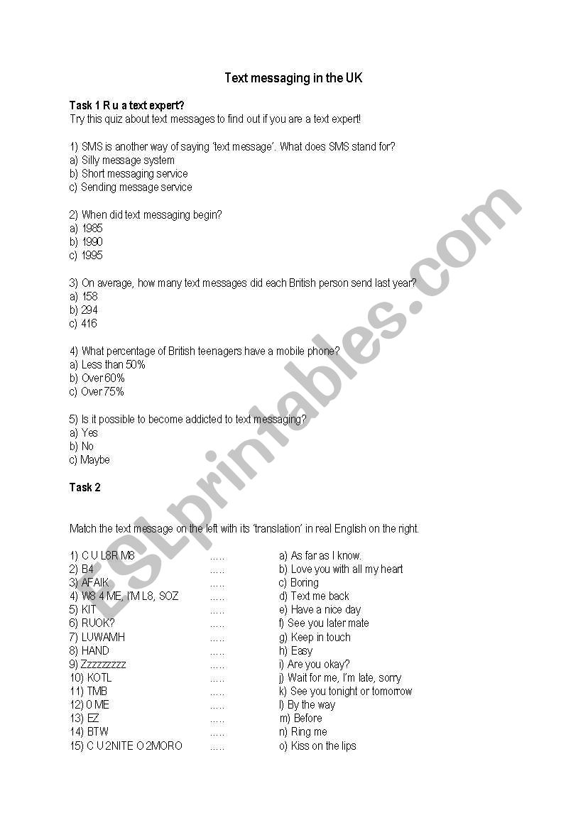 Texting for all worksheet