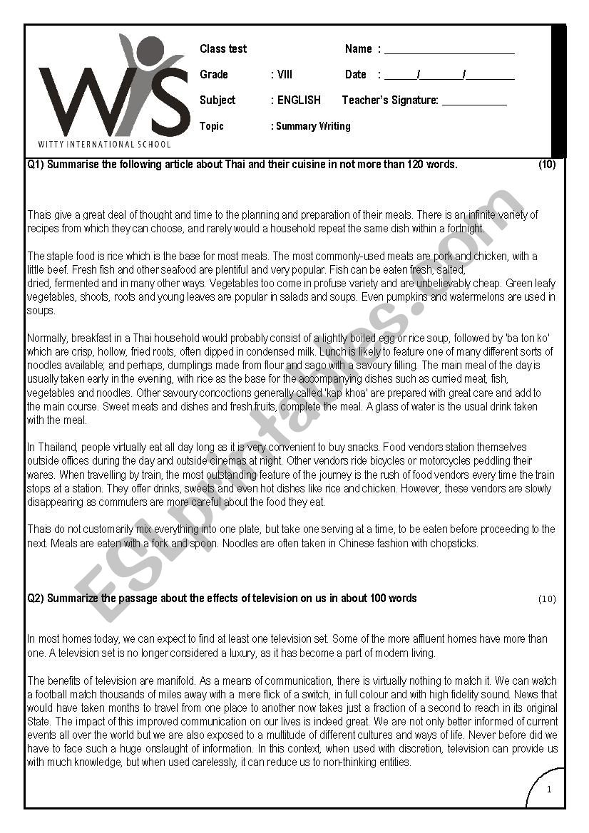 Summary Worksheet worksheet