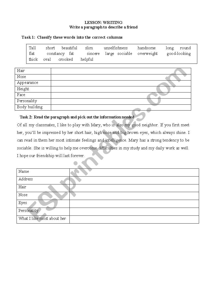 Writing- describing a friend worksheet