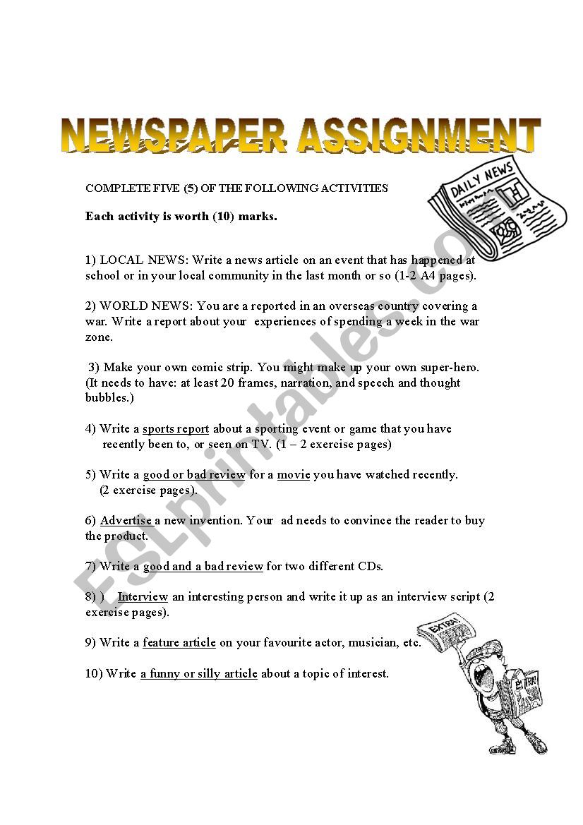 Year 9 News Paper Assignment - ESL worksheet by claytonm72