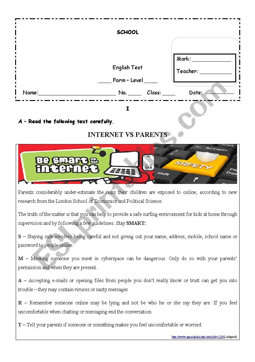 Parents vs Internet (test) worksheet