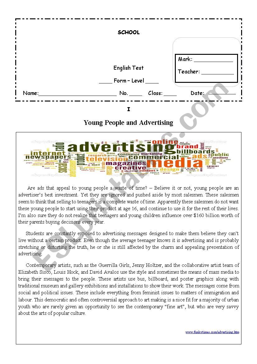 Young People and Advertising worksheet