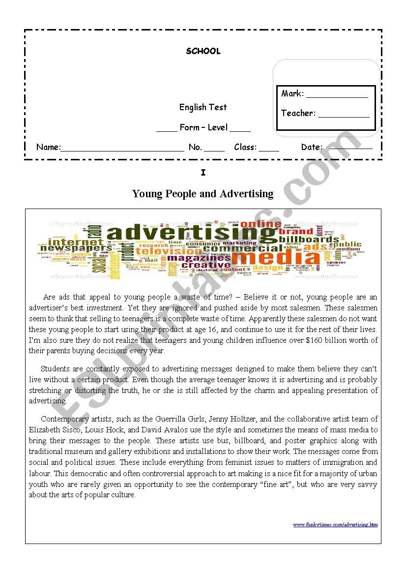 Young People and Advertising worksheet