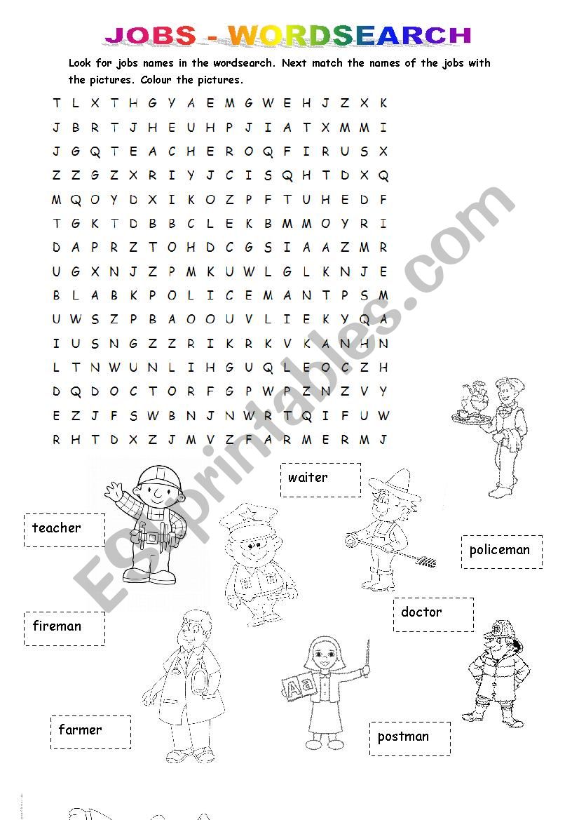 jobs wordsearch matching esl worksheet by marika91