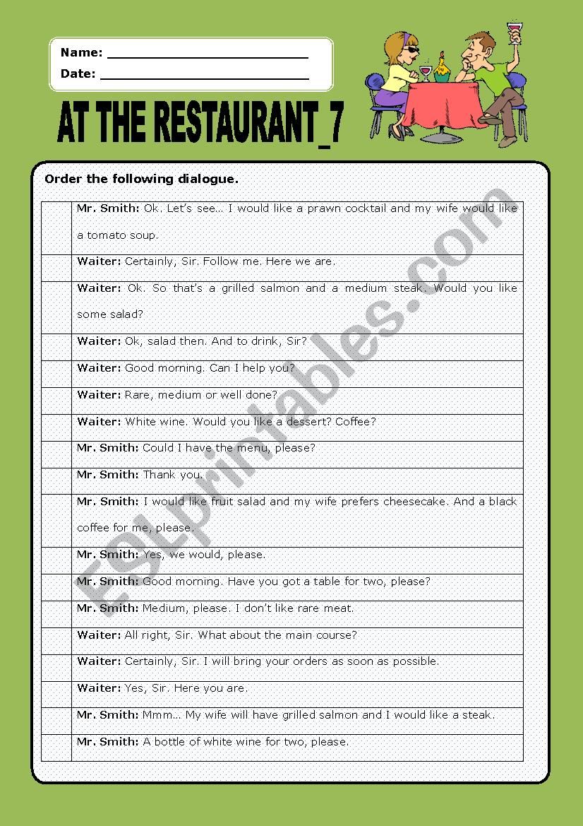At the restaurant:7 worksheet