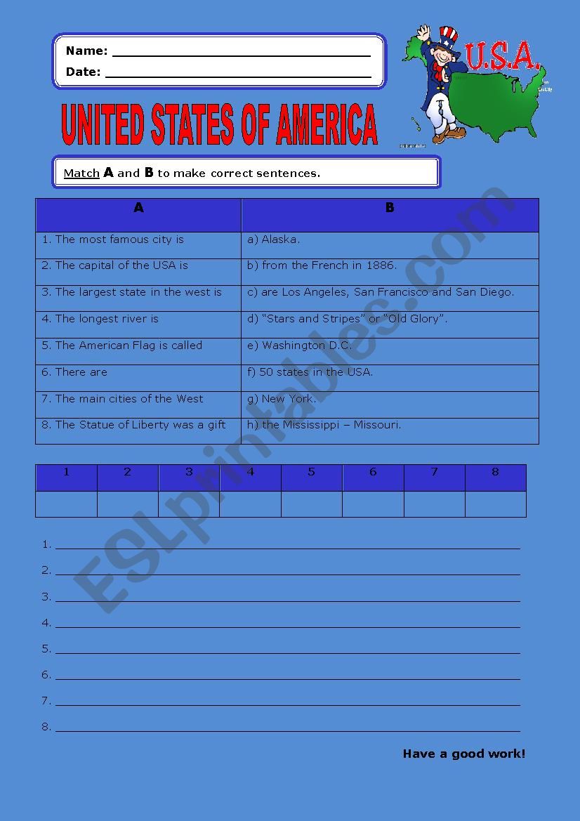 United States of America:1 worksheet