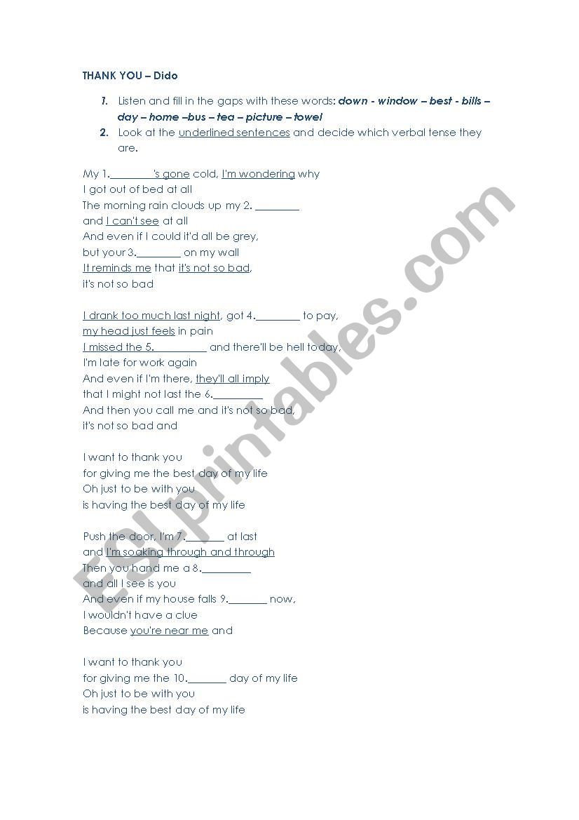 Song THANK YOU by Dido worksheet