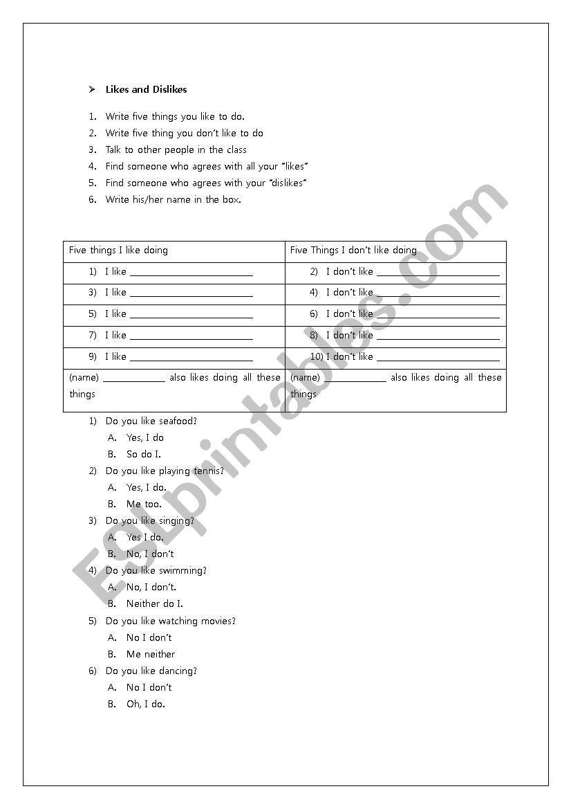 Likes and Dislikes worksheet