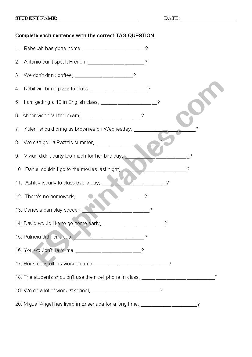 Tag Quesitons worksheet