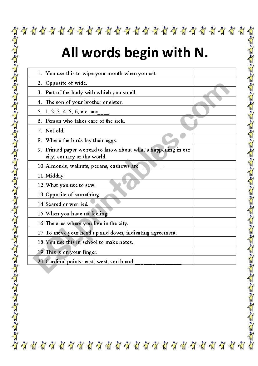 All words begin with N worksheet