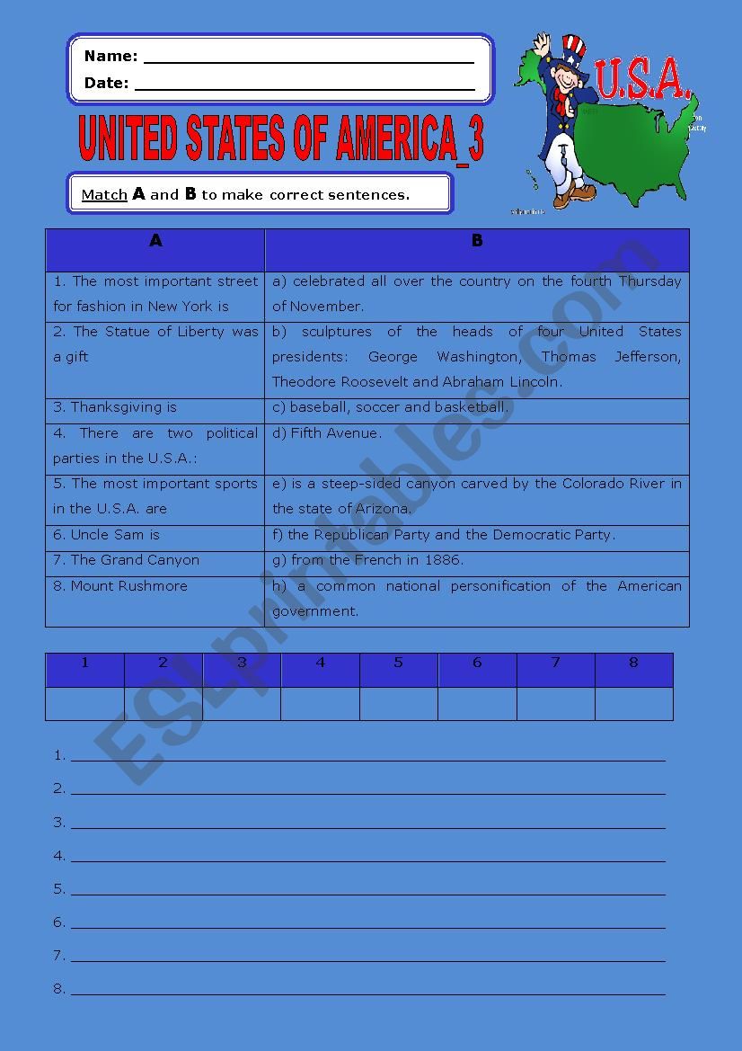 United States of America:3 worksheet