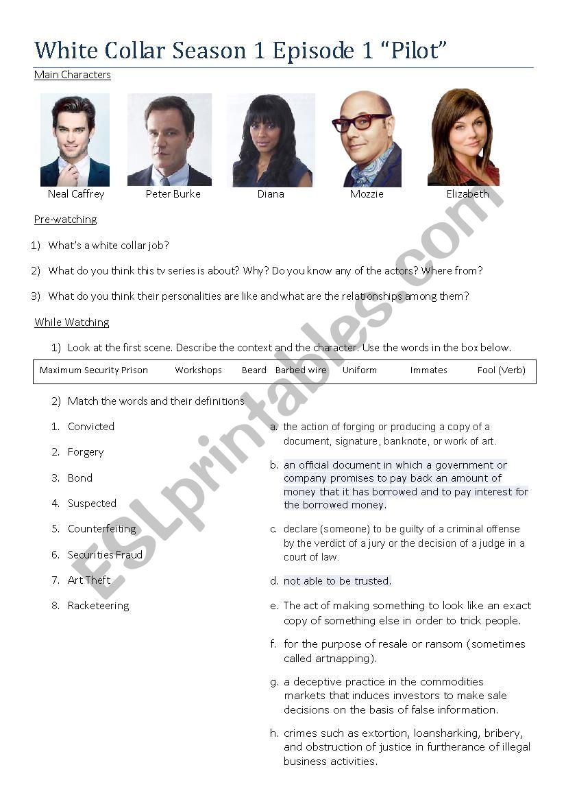 White Collar season 1 Pilot worksheet