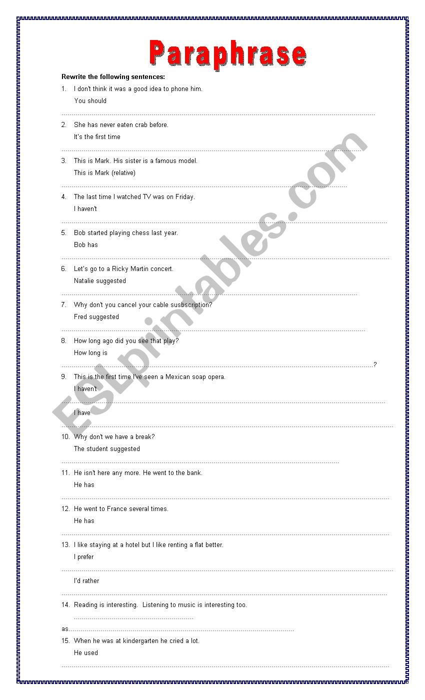 Lets Revise: Paraphrase worksheet