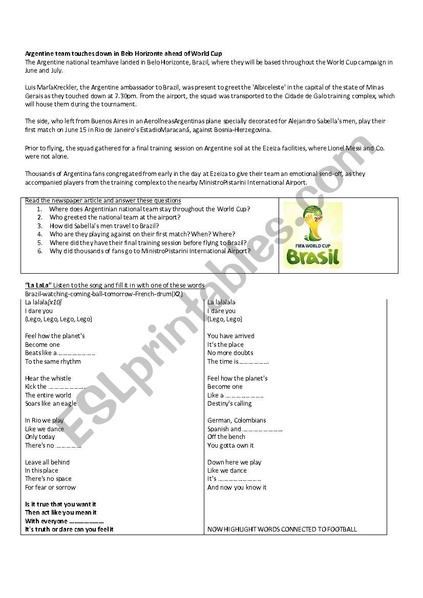 Brazil football world cup worksheet