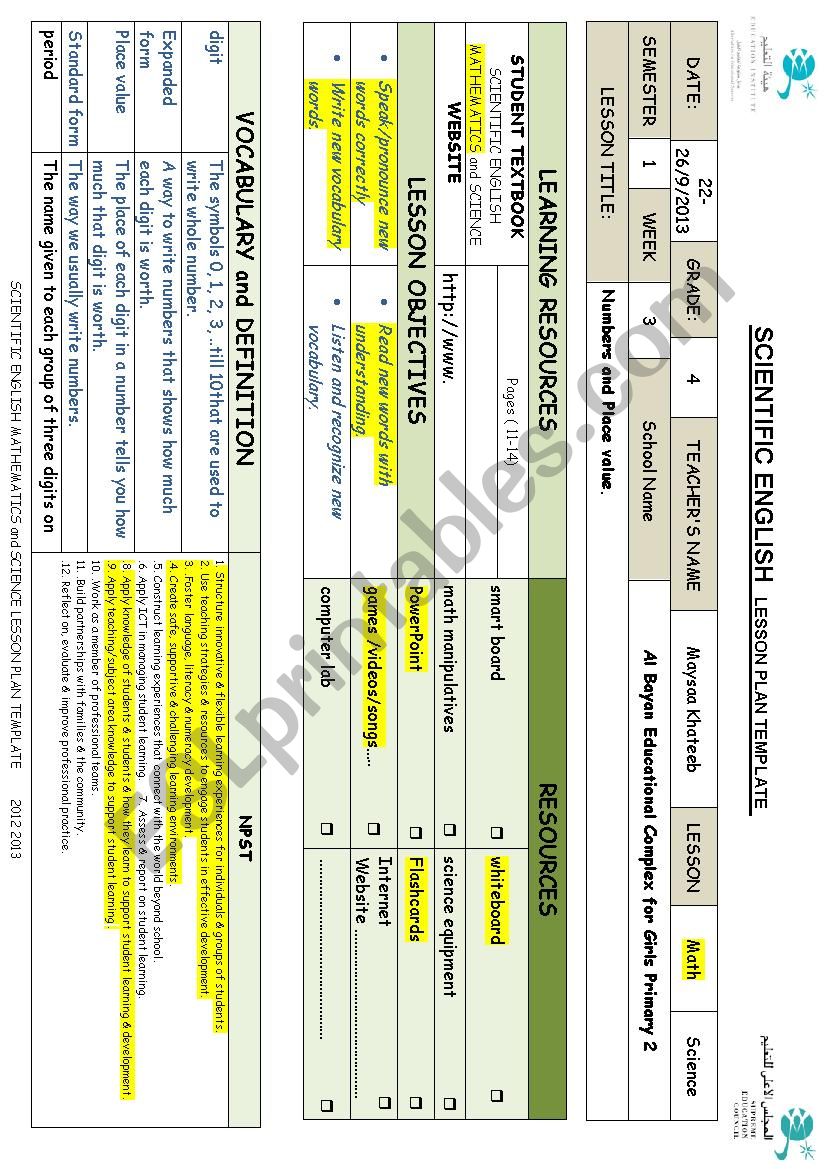 Math, Lesson Plan worksheet