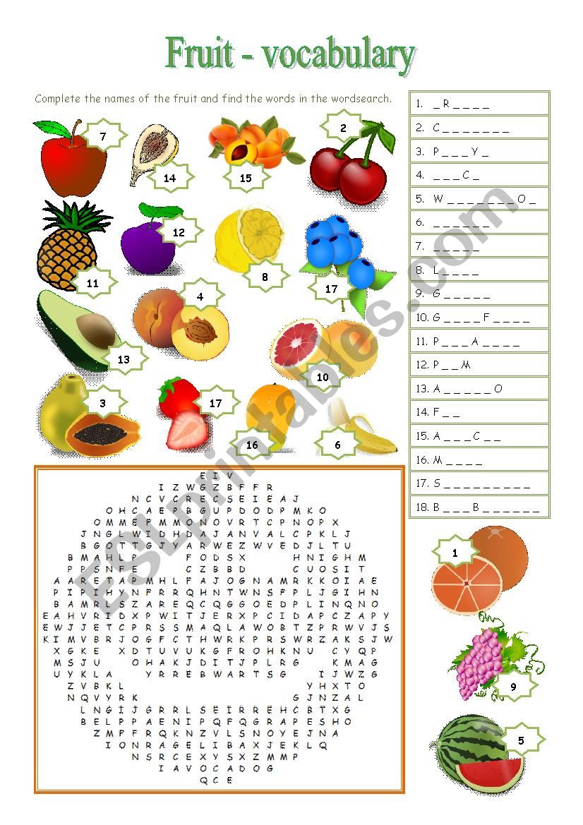 FRUIT - wordsearch, gap-filling (answer key included)