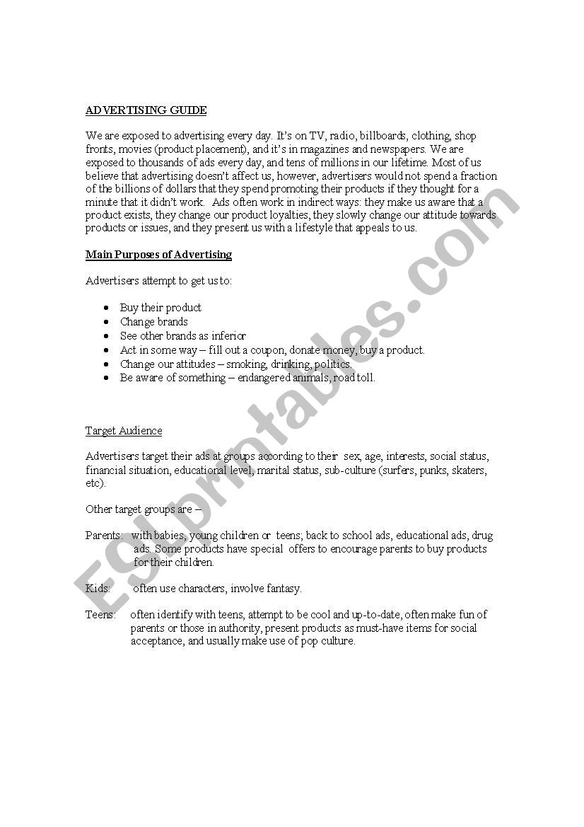 Advertising Study Guide worksheet