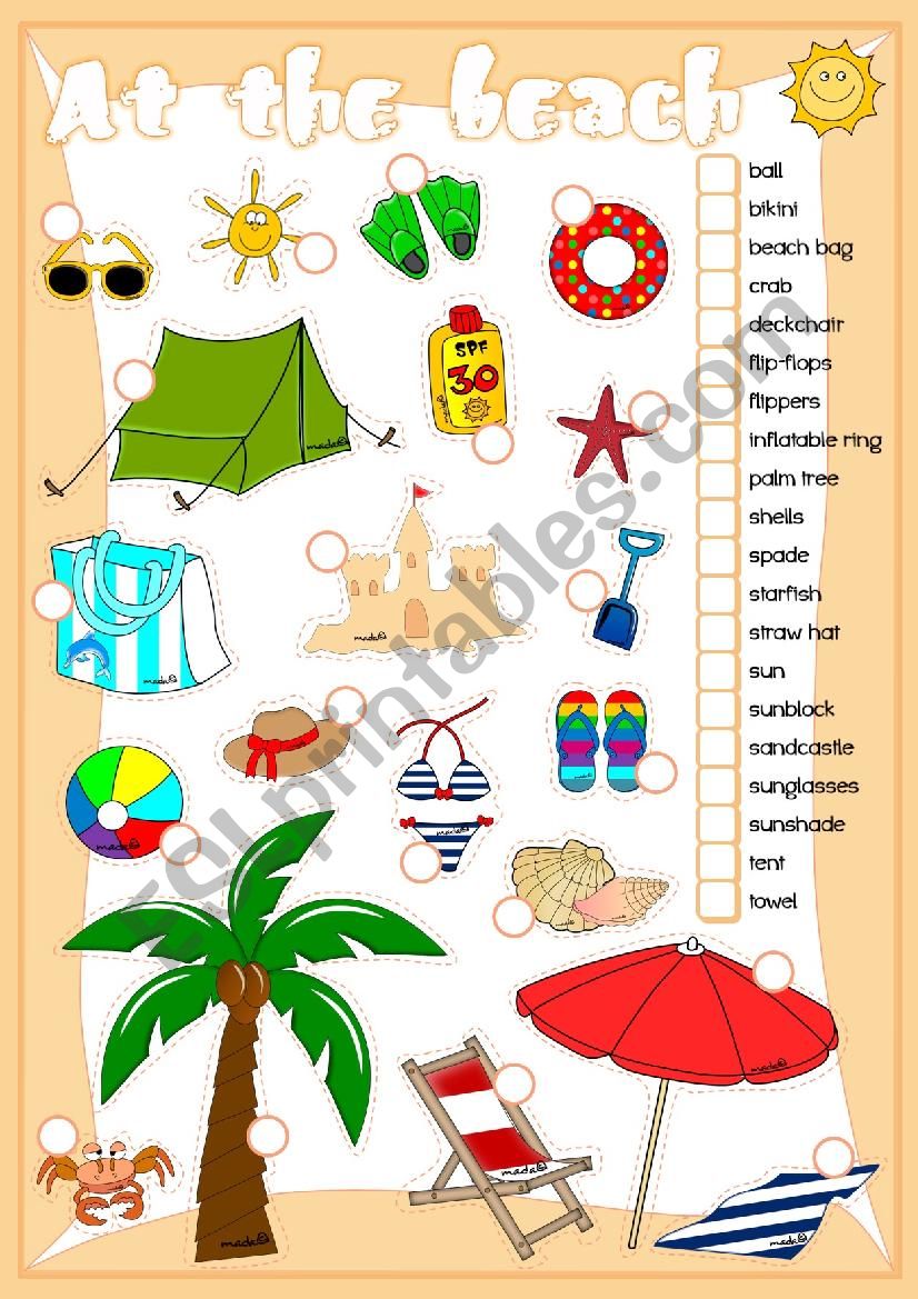 At the beach - matching worksheet