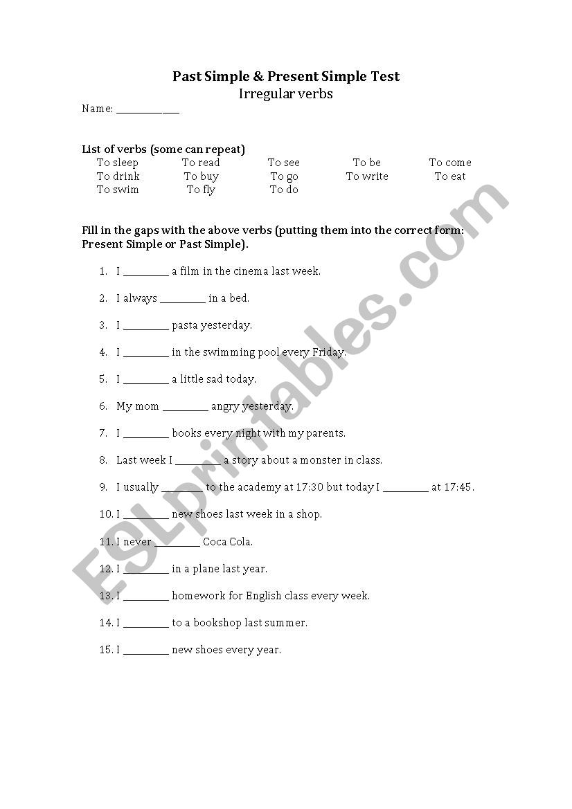 Past Simple & Present Simple irregular verbs test