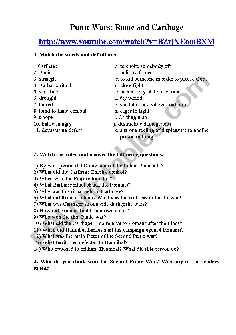 Punic Wars: Rome and Carthage worksheet