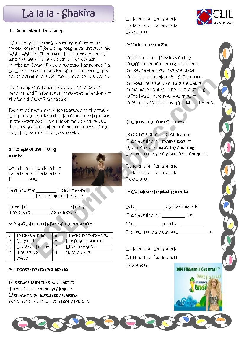 Song - La la la - Shakira worksheet