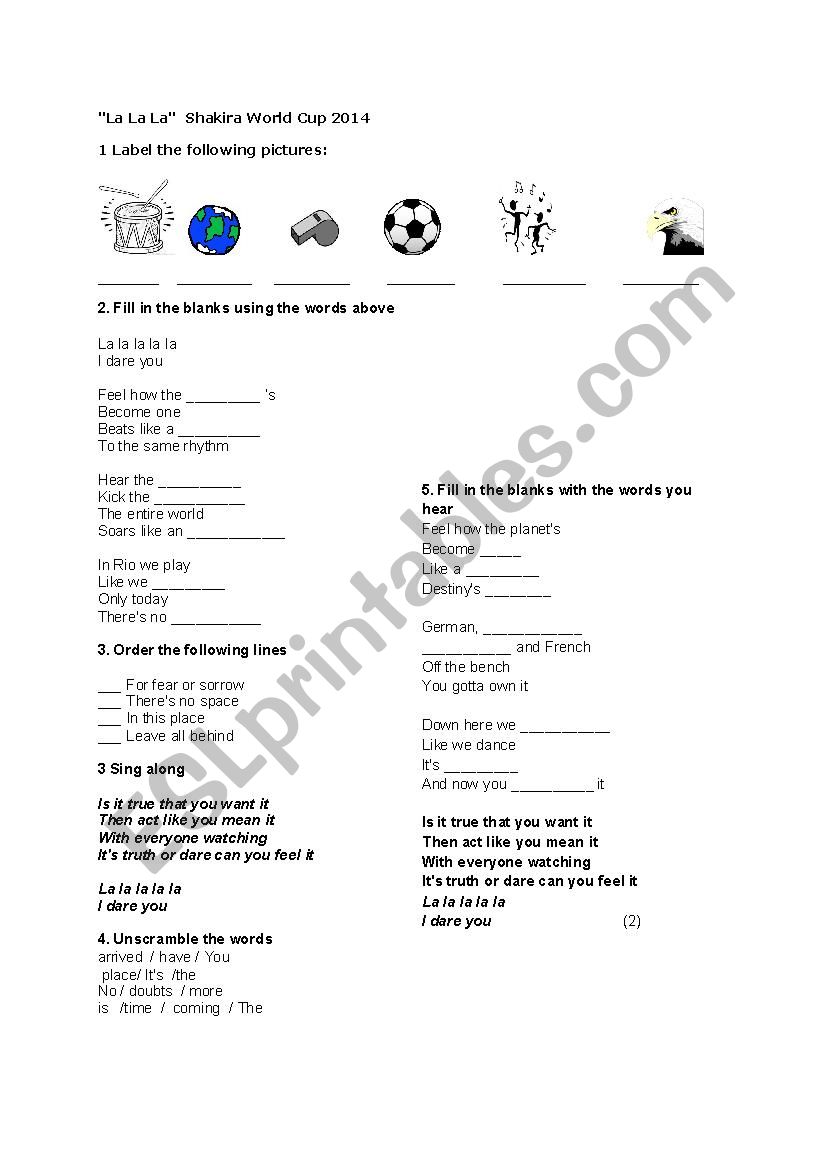 Shakira lalalalalalala worksheet