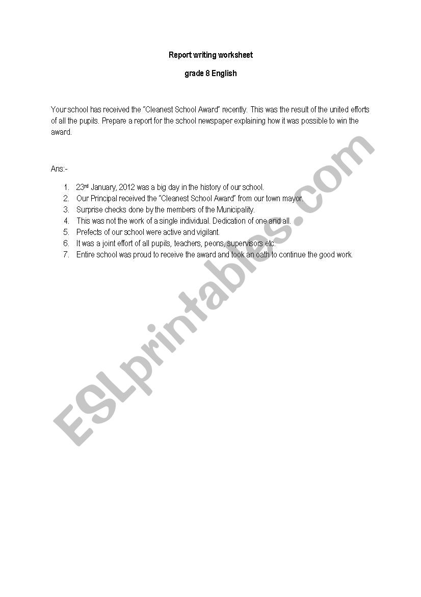 Report Writing worksheet