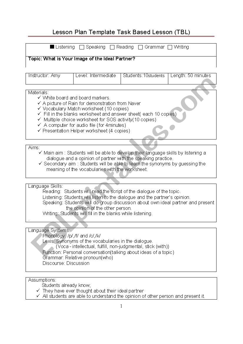 listening lesson plan worksheet