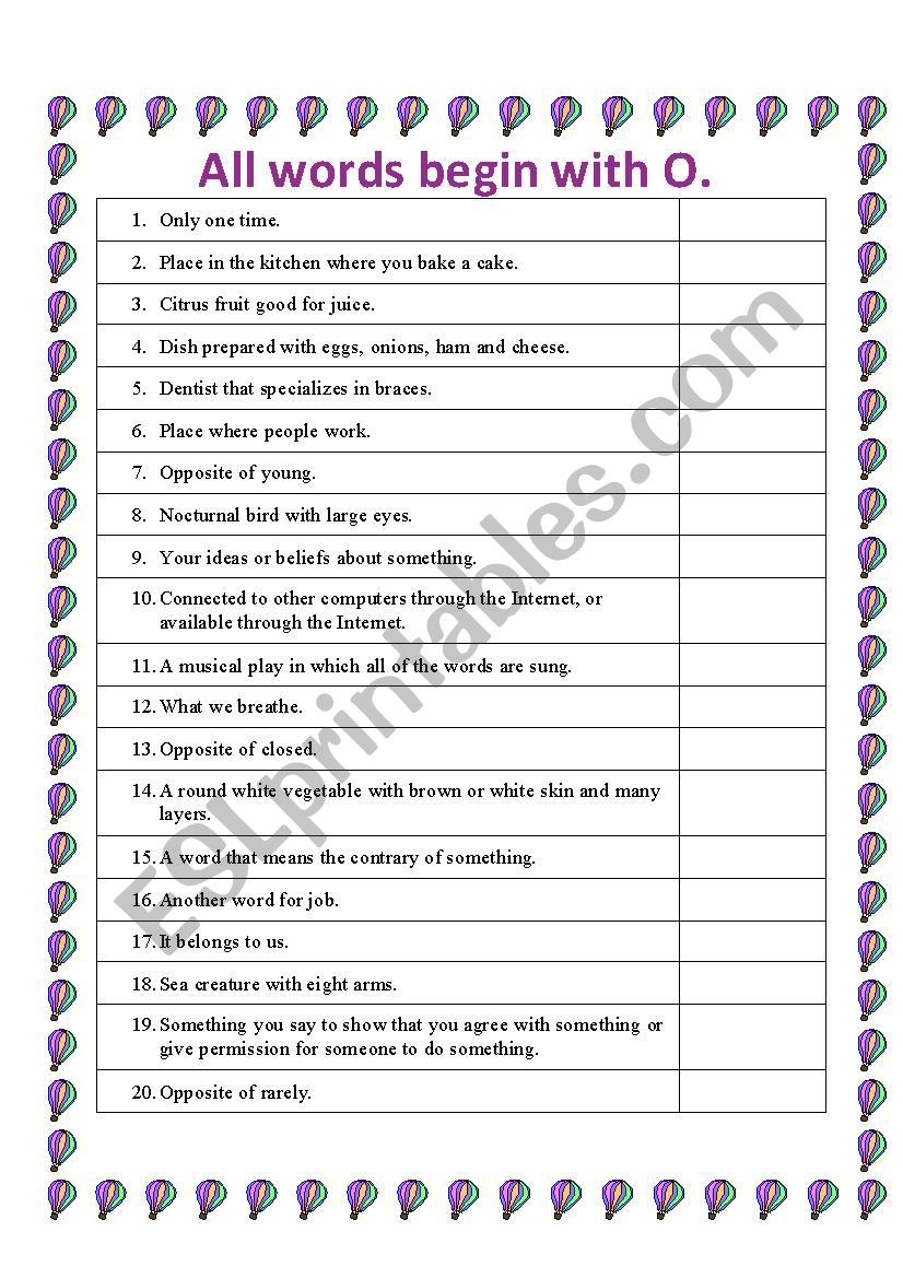 All words begin with O worksheet