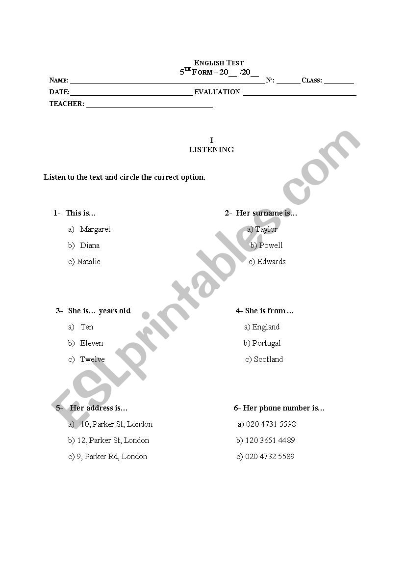 Test 5th Grade worksheet