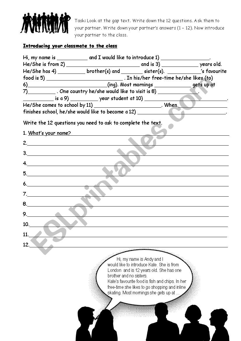 Introducing a classmate worksheet