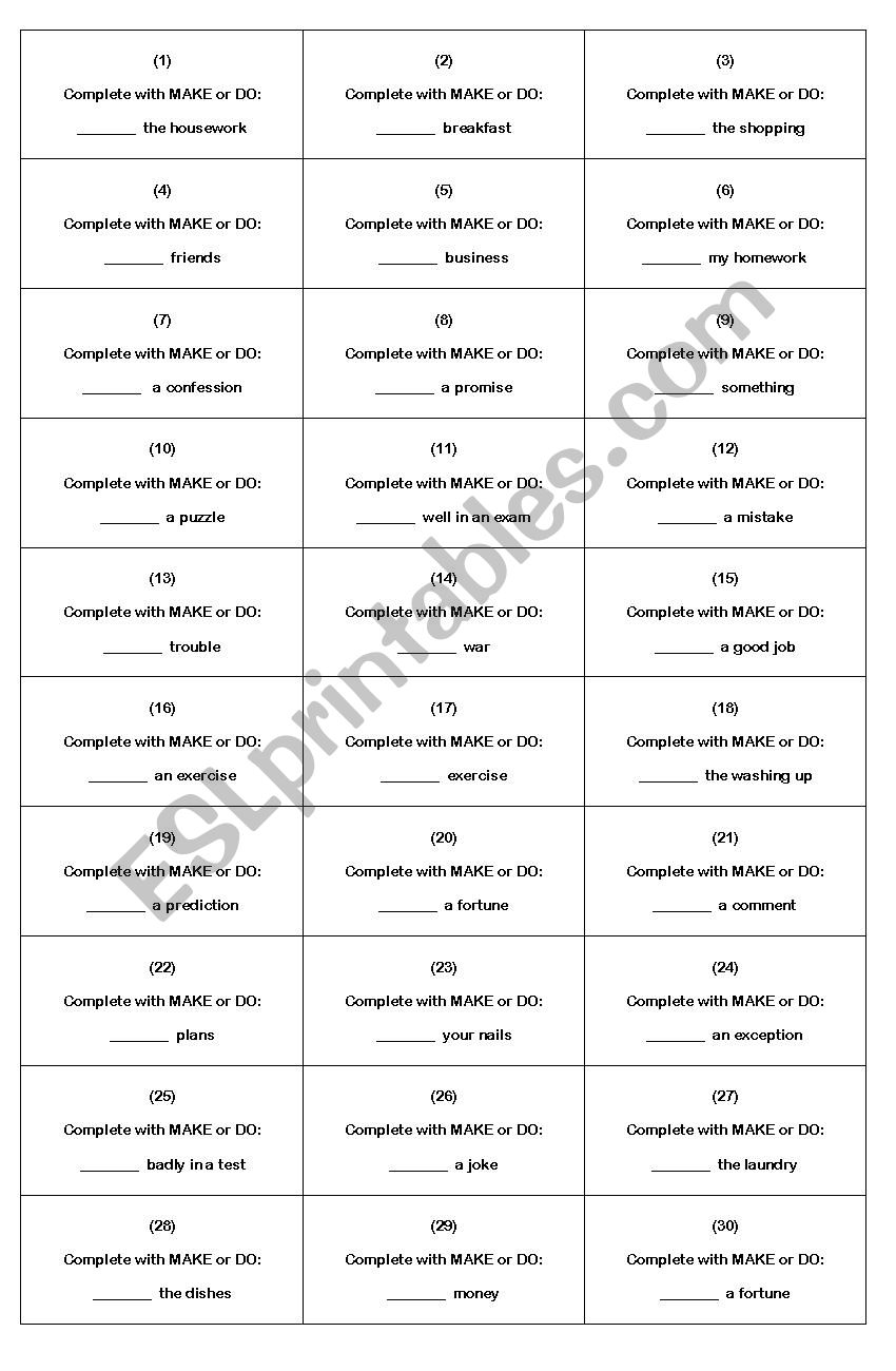 Verb patterns (gerund/infinitive) + make/do revision cards