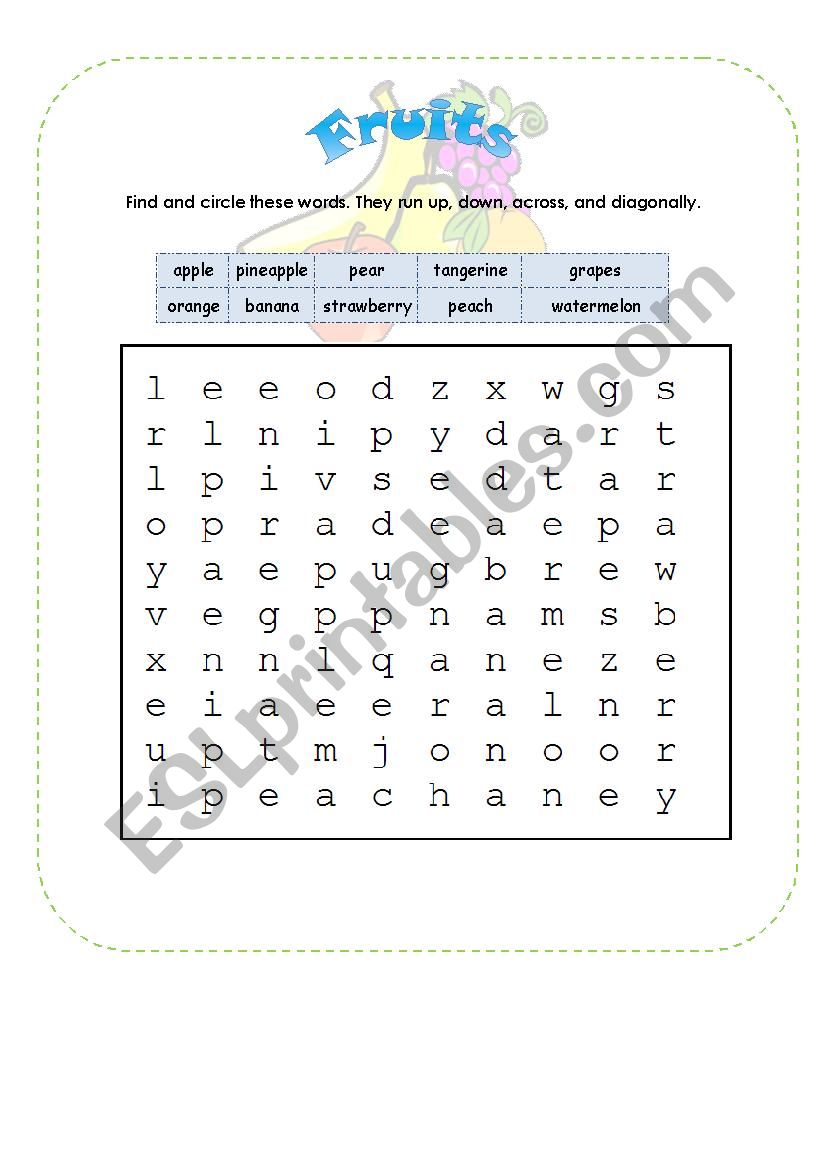 Fruits Wordsearch worksheet