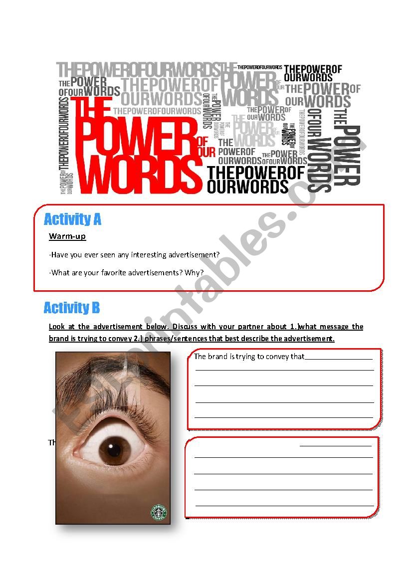 The power of words worksheet using ads (writing,speaking,reading)