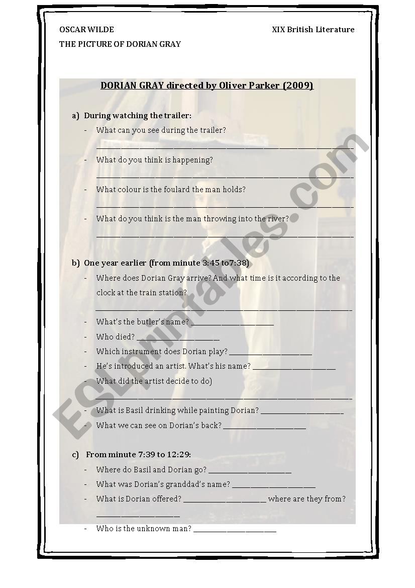 Dorian Gray directed by Oliver Parker (2009) worksheet 1