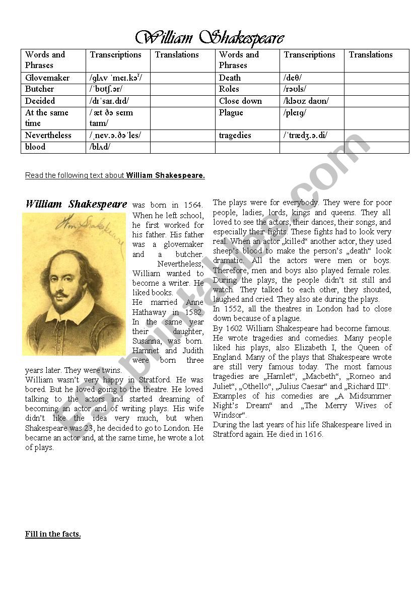 William Shakespeare worksheet