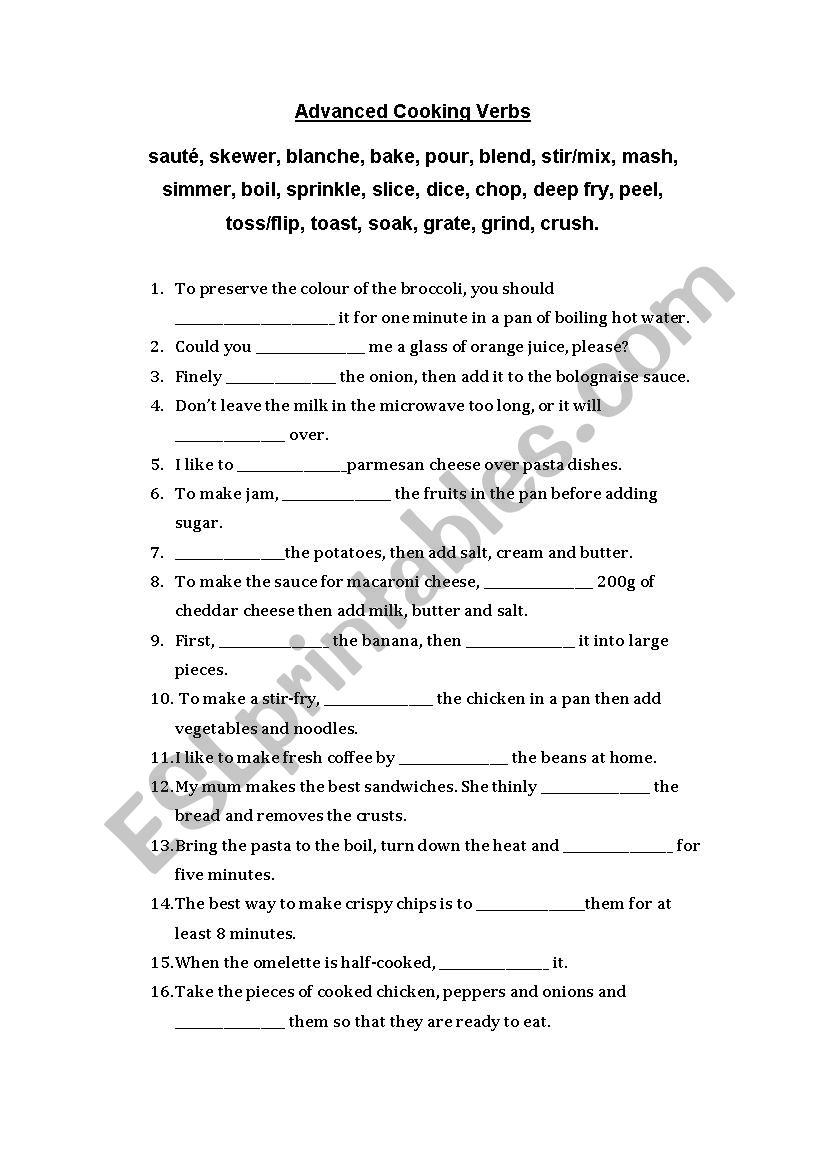 Advanced Cooking Verbs worksheet