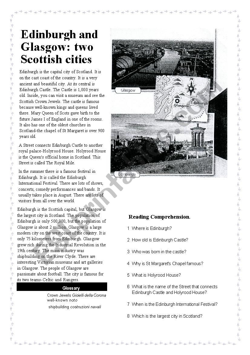 Edinburgh and Glasgow worksheet