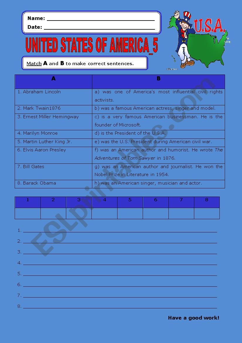 United States of America:5 worksheet